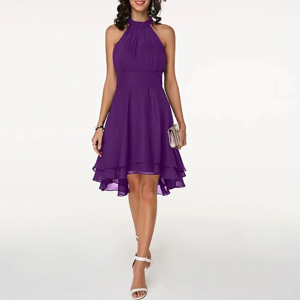 Purple Women's Halter Ruffle Midi Dress — Laurel Tiered Cocktail Party - Lifestyle Pose