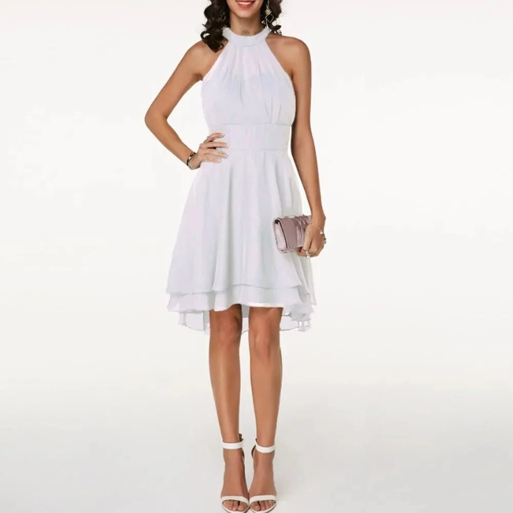 White Women's Halter Ruffle Midi Dress — Laurel Tiered Cocktail Party - Front Elegant