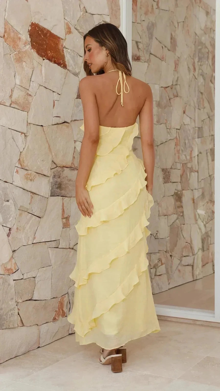 Rosie | Elegant Halter Ruffle Tiered Maxi Dress - Yellow - 2