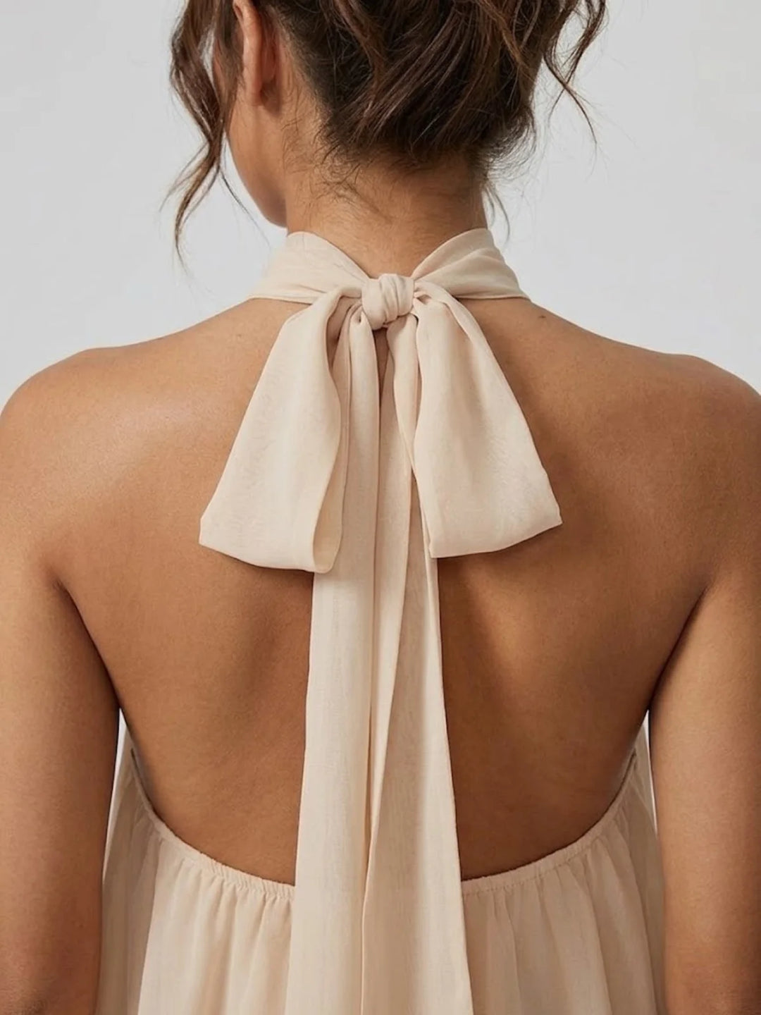 Abricot Women's Halter Neck Tiered Mini Dress — Alexa Backless Flowy Chiffon - Back Detail Bow