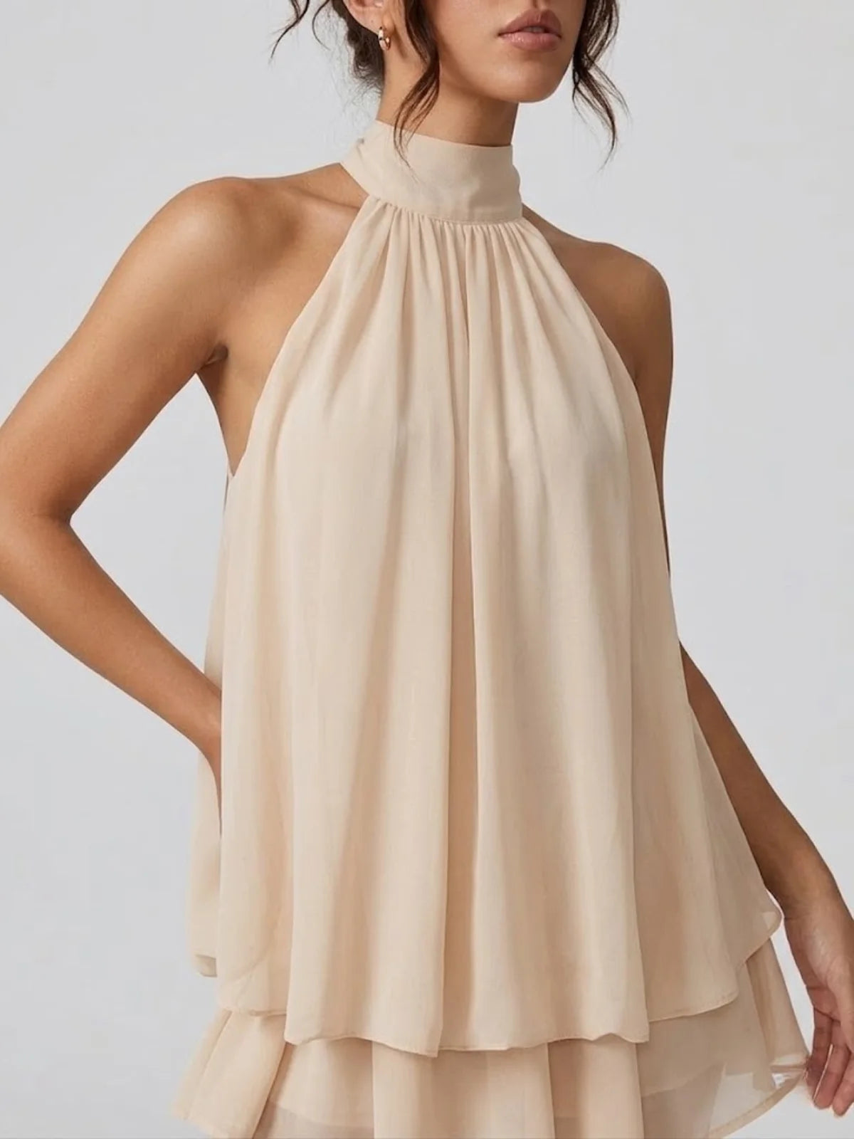 Abricot Women's Halter Neck Tiered Mini Dress — Alexa Backless Flowy Chiffon - Close Up Neckline