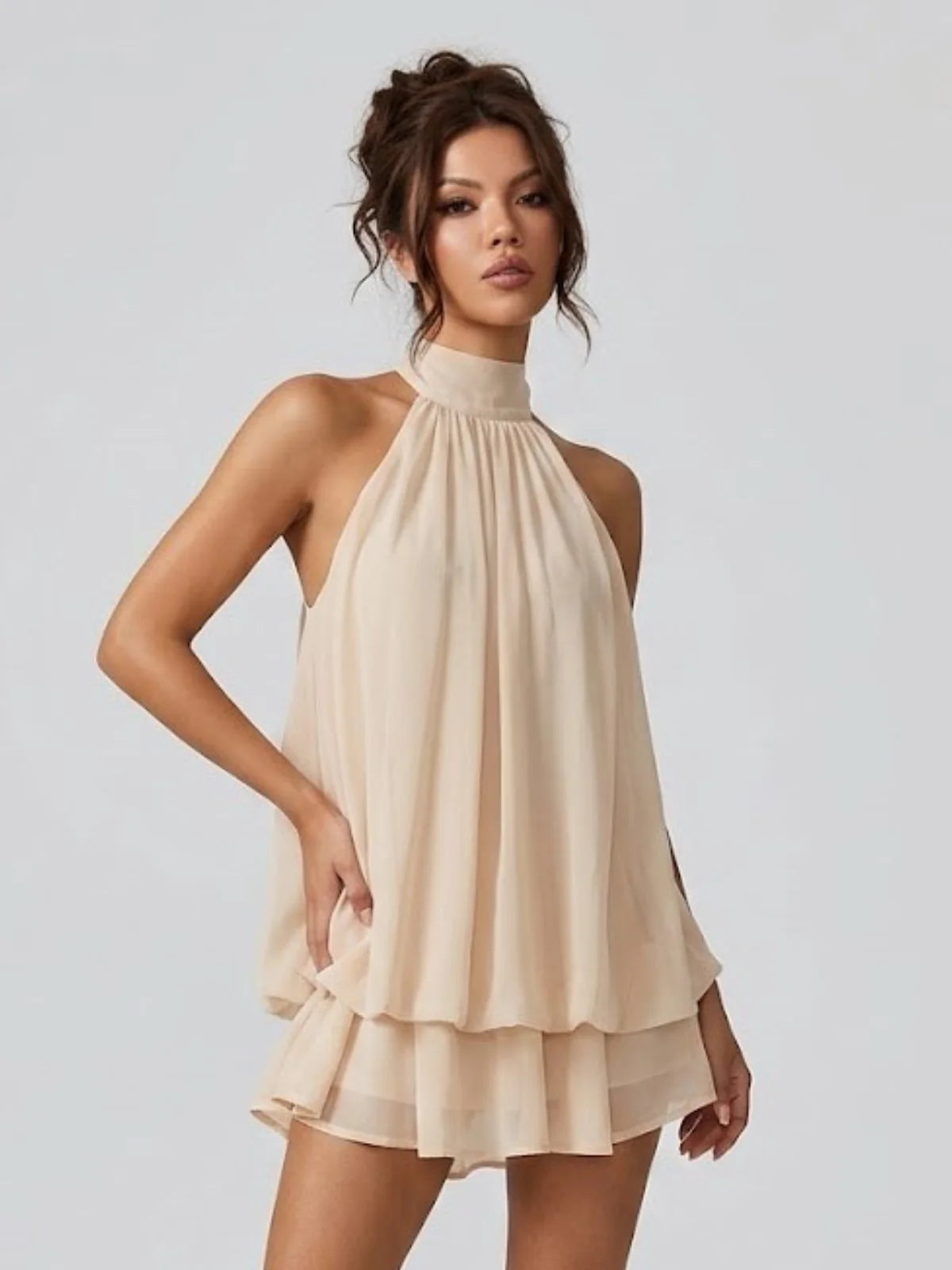 Abricot Women's Halter Neck Tiered Mini Dress — Alexa Backless Flowy Chiffon - Side Pose