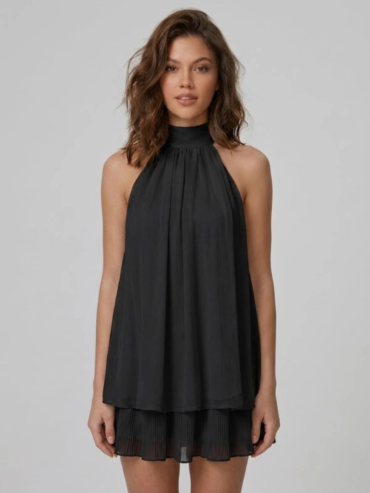 Black Women's Halter Neck Tiered Mini Dress — Alexa Backless Flowy Chiffon - Front Close