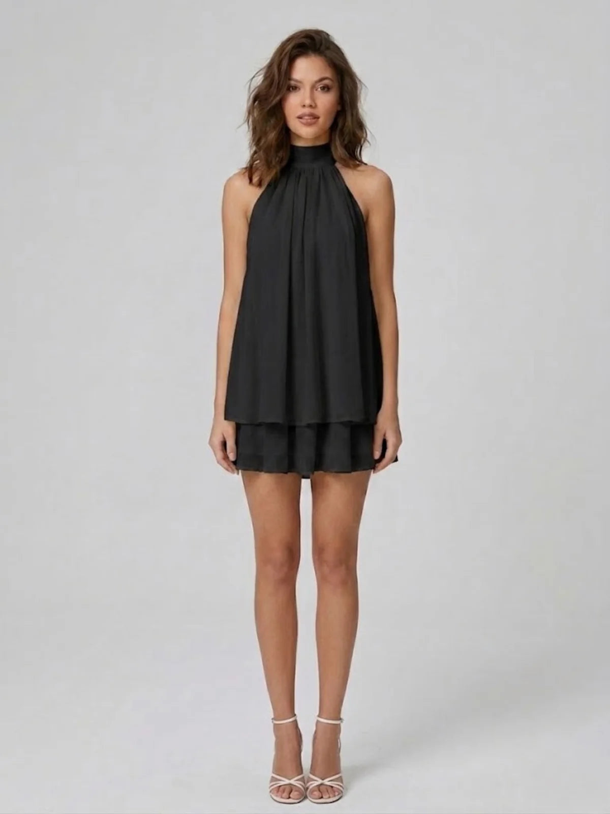 Black Women's Halter Neck Tiered Mini Dress — Alexa Backless Flowy Chiffon - Front Full