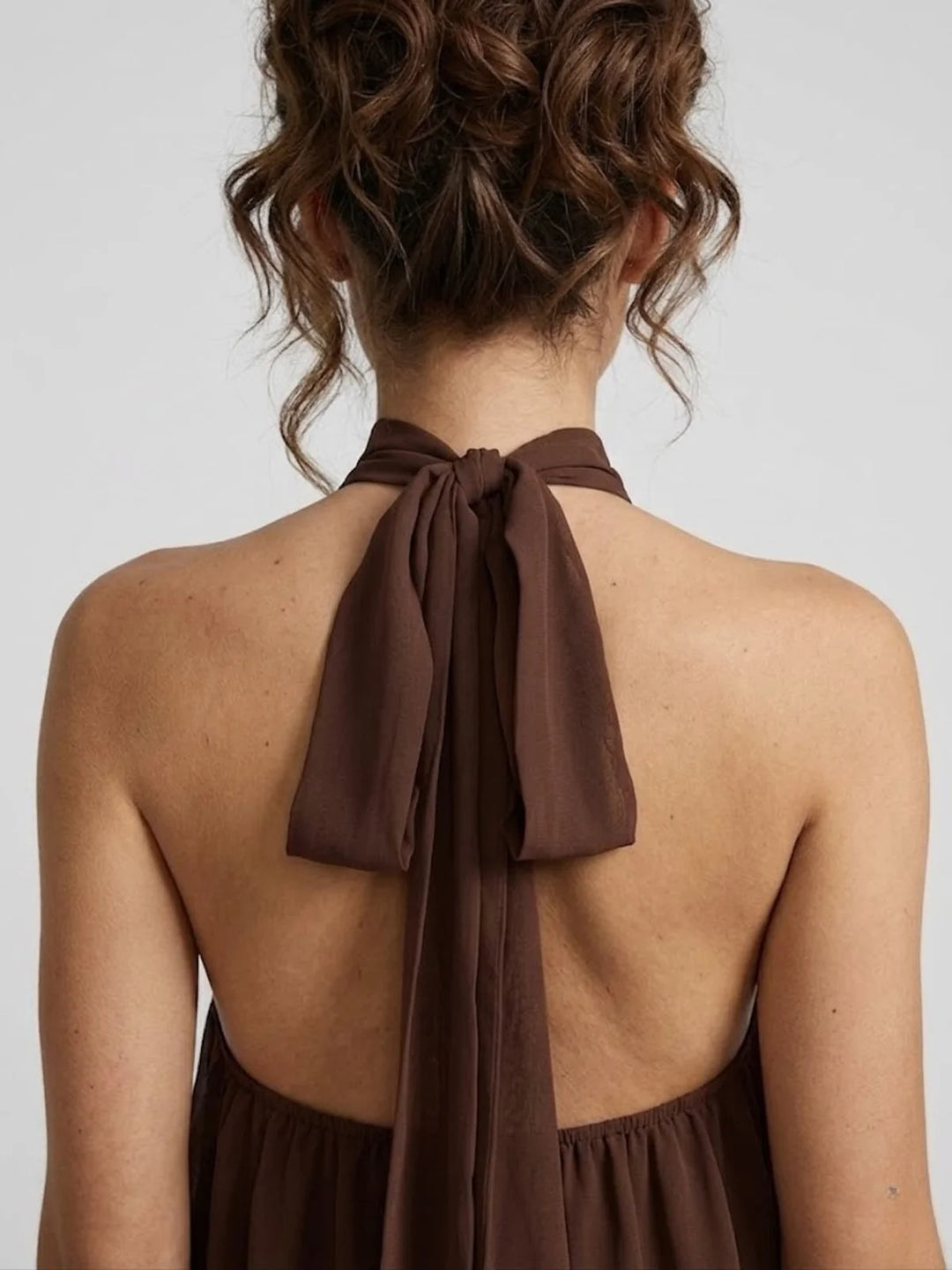Brown Women's Halter Neck Tiered Mini Dress — Alexa Backless Flowy Chiffon - Back Detail Bow