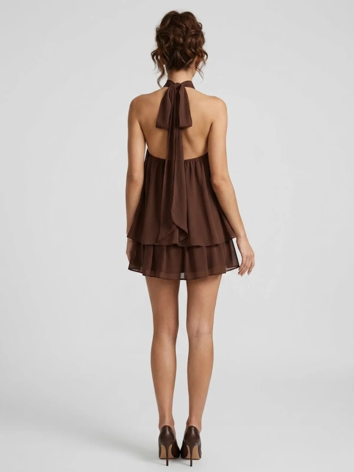 Brown Women's Halter Neck Tiered Mini Dress — Alexa Backless Flowy Chiffon - Back Full