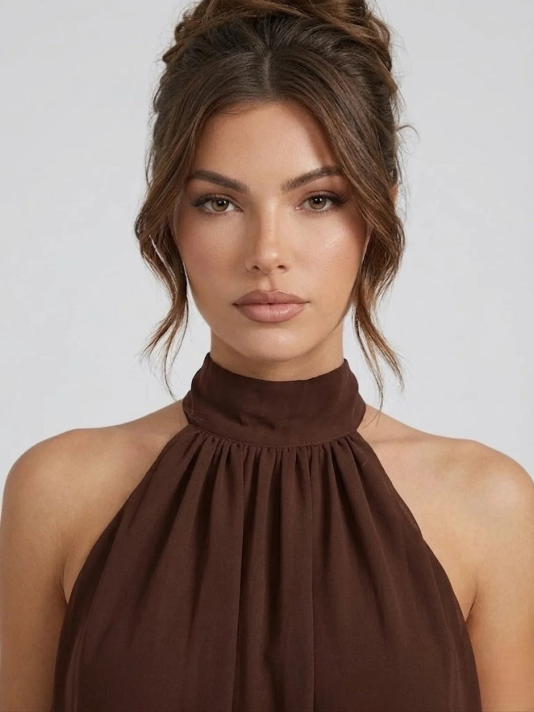 Brown Women's Halter Neck Tiered Mini Dress — Alexa Backless Flowy Chiffon - Close Up Face Neckline