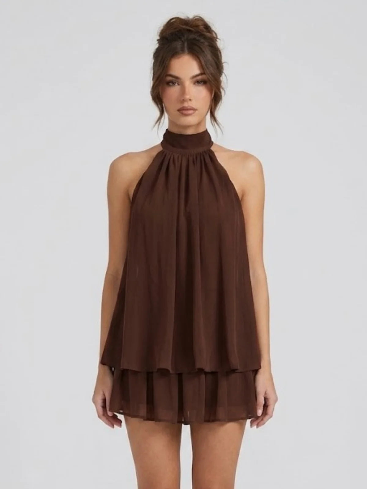Brown Women's Halter Neck Tiered Mini Dress — Alexa Backless Flowy Chiffon - Front Full