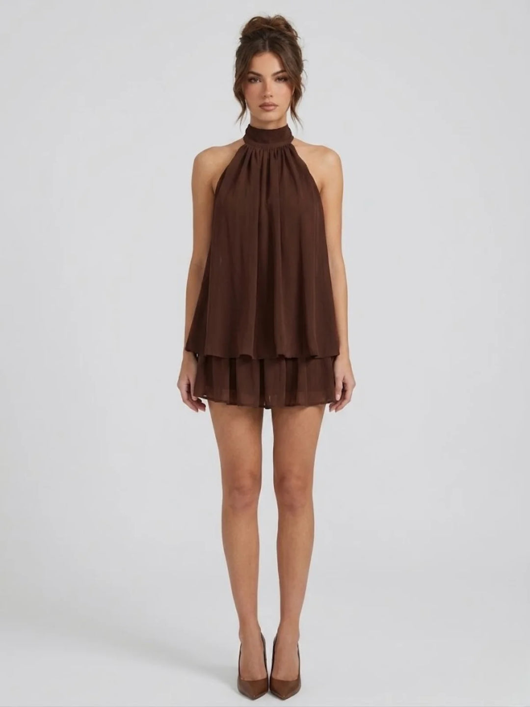 Brown Women's Halter Neck Tiered Mini Dress — Alexa Backless Flowy Chiffon - Front Standing
