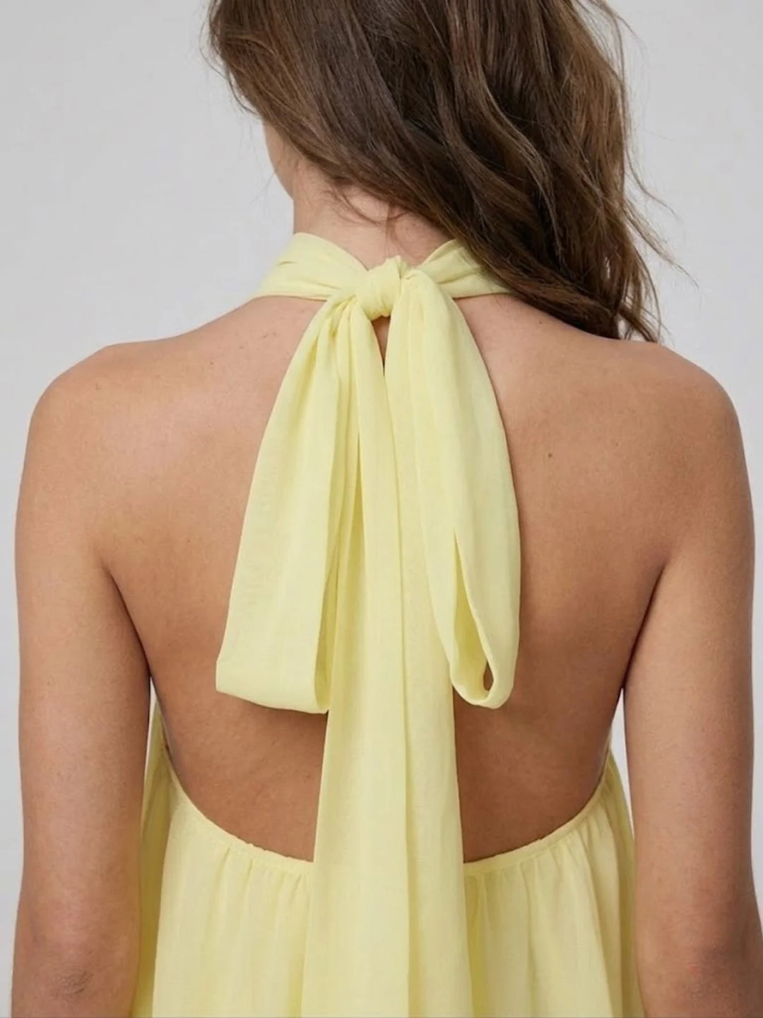 Jaune Women's Halter Neck Tiered Mini Dress — Alexa Backless Flowy Chiffon - Clair Back Detail Tie