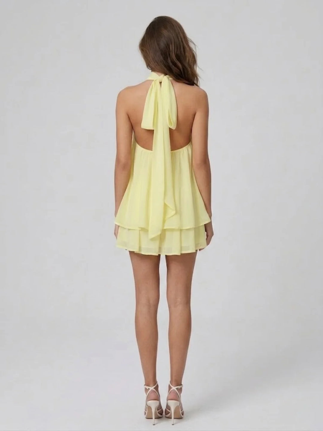Jaune Women's Halter Neck Tiered Mini Dress — Alexa Backless Flowy Chiffon - Clair Back Full