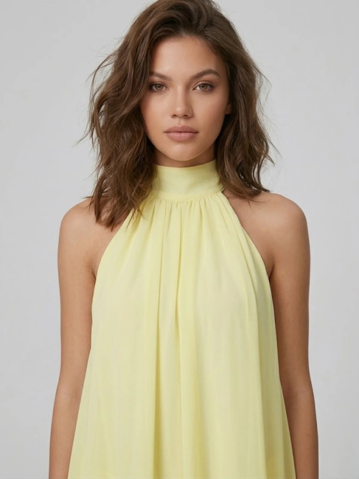 Jaune Women's Halter Neck Tiered Mini Dress — Alexa Backless Flowy Chiffon - Clair Close Up Halter