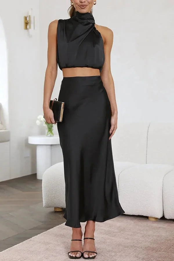 Black Women's Halter Wedding Guest Dress — Ottilie Two-Piece Cropped - Front Standing Pose