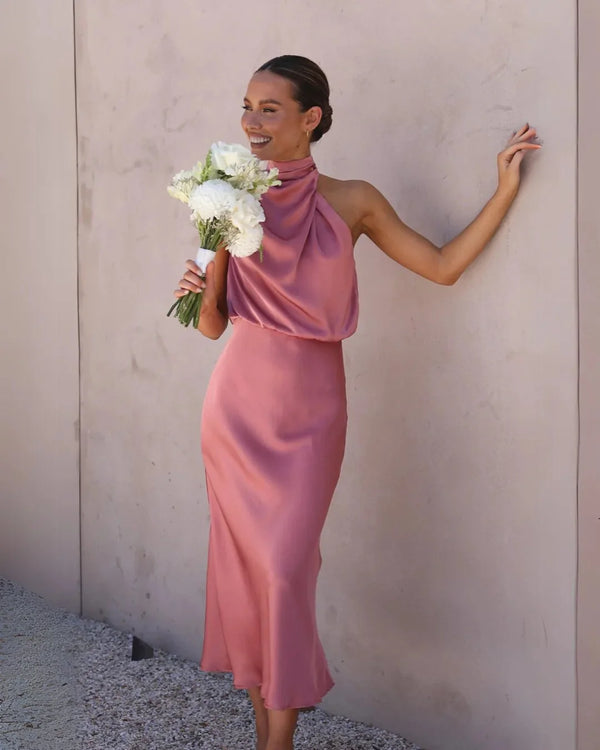 Pink Women's Halter Wedding Guest Dress — Ottilie Two-Piece Cropped - Front Full Pose