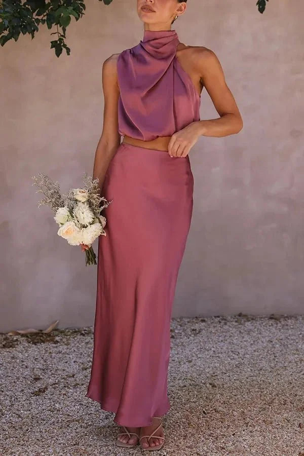 Pink Women's Halter Wedding Guest Dress — Ottilie Two-Piece Cropped - Side Profile