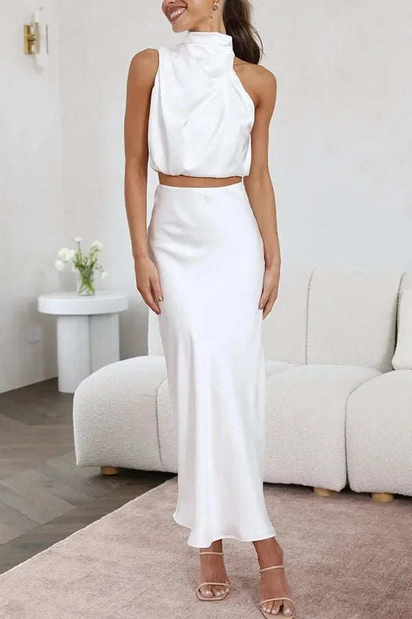 White Women's Halter Wedding Guest Dress — Ottilie Two-Piece Cropped - Back Pose