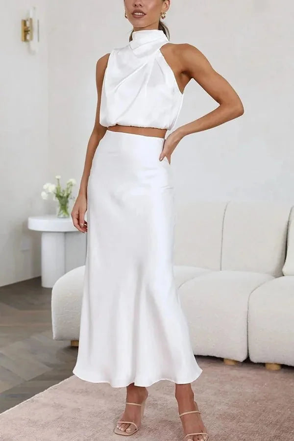 White Women's Halter Wedding Guest Dress — Ottilie Two-Piece Cropped - Side Standing