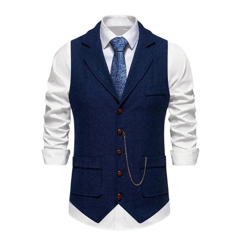 Blue Men's Herringbone Waistcoat — Declan Button-Front Tailored Lapel - Front Navy