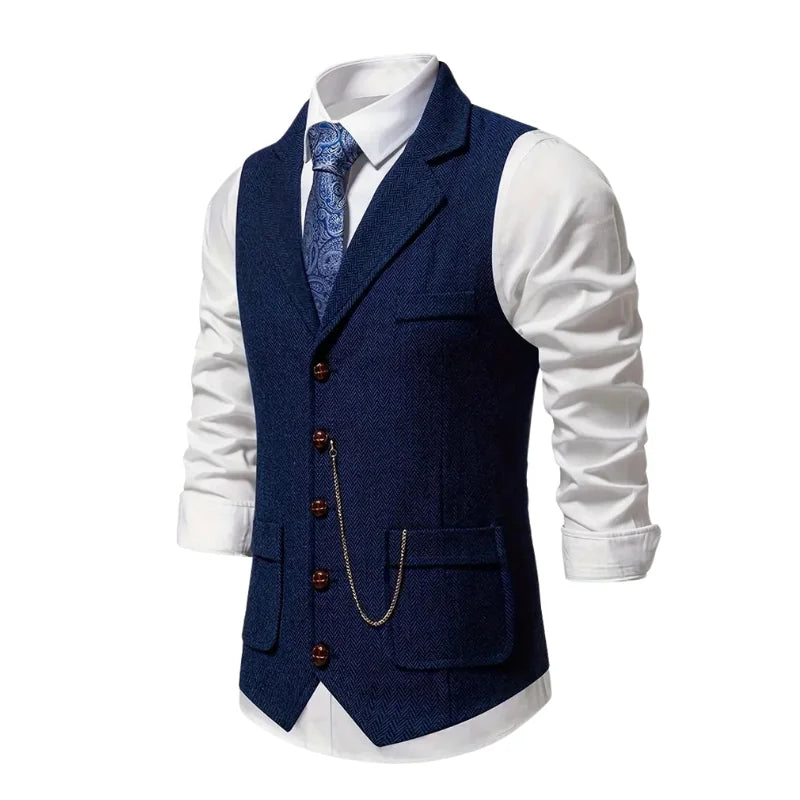 Blue Men's Herringbone Waistcoat — Declan Button-Front Tailored Lapel - Side Navy