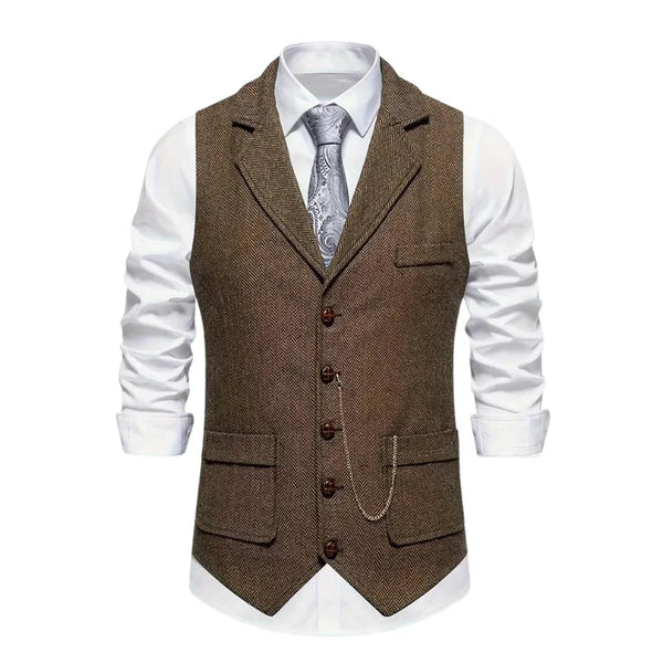 Coffee Men's Herringbone Waistcoat — Declan Button-Front Tailored Lapel - Front Full