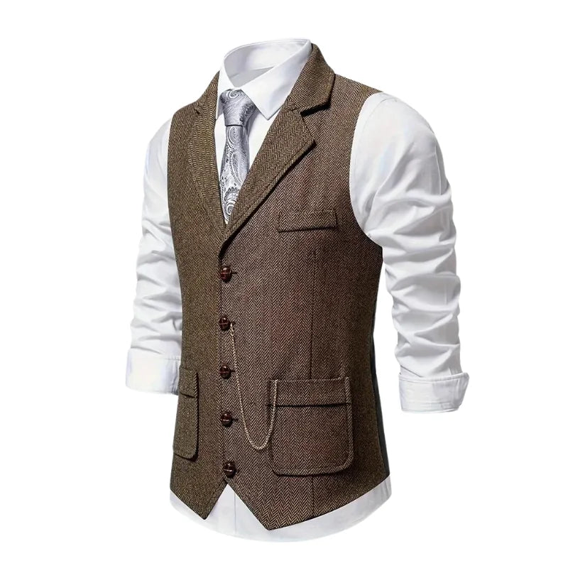 Coffee Men's Herringbone Waistcoat — Declan Button-Front Tailored Lapel - Side Angle