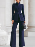 Women's Two Piece High Collar Blazer Wide Leg Pants Suit — Severine Professional Tailored