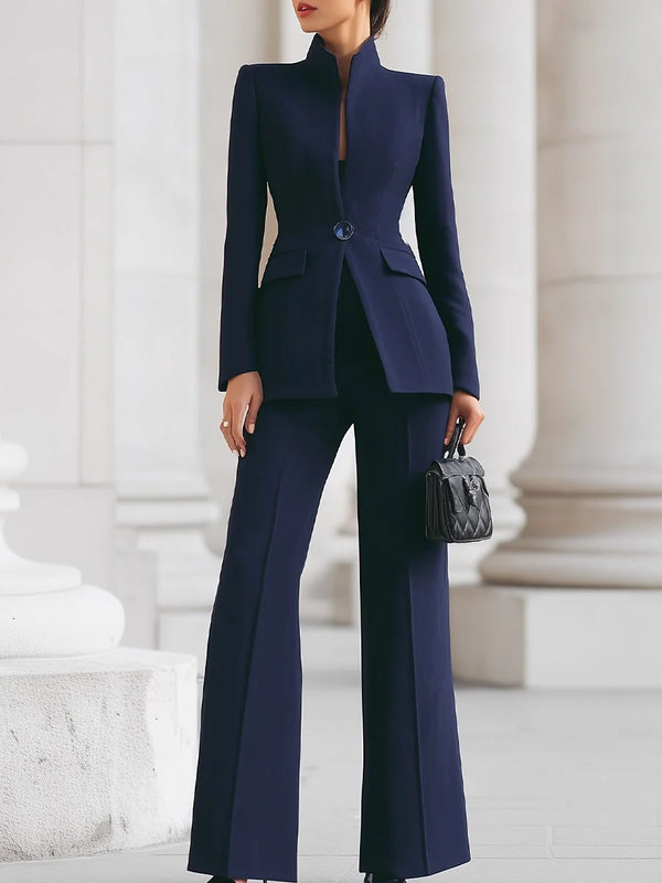Navy Blue Women's Two Piece High Collar Blazer Wide Leg Pants Suit — Severine Professional Tailored - Front Full