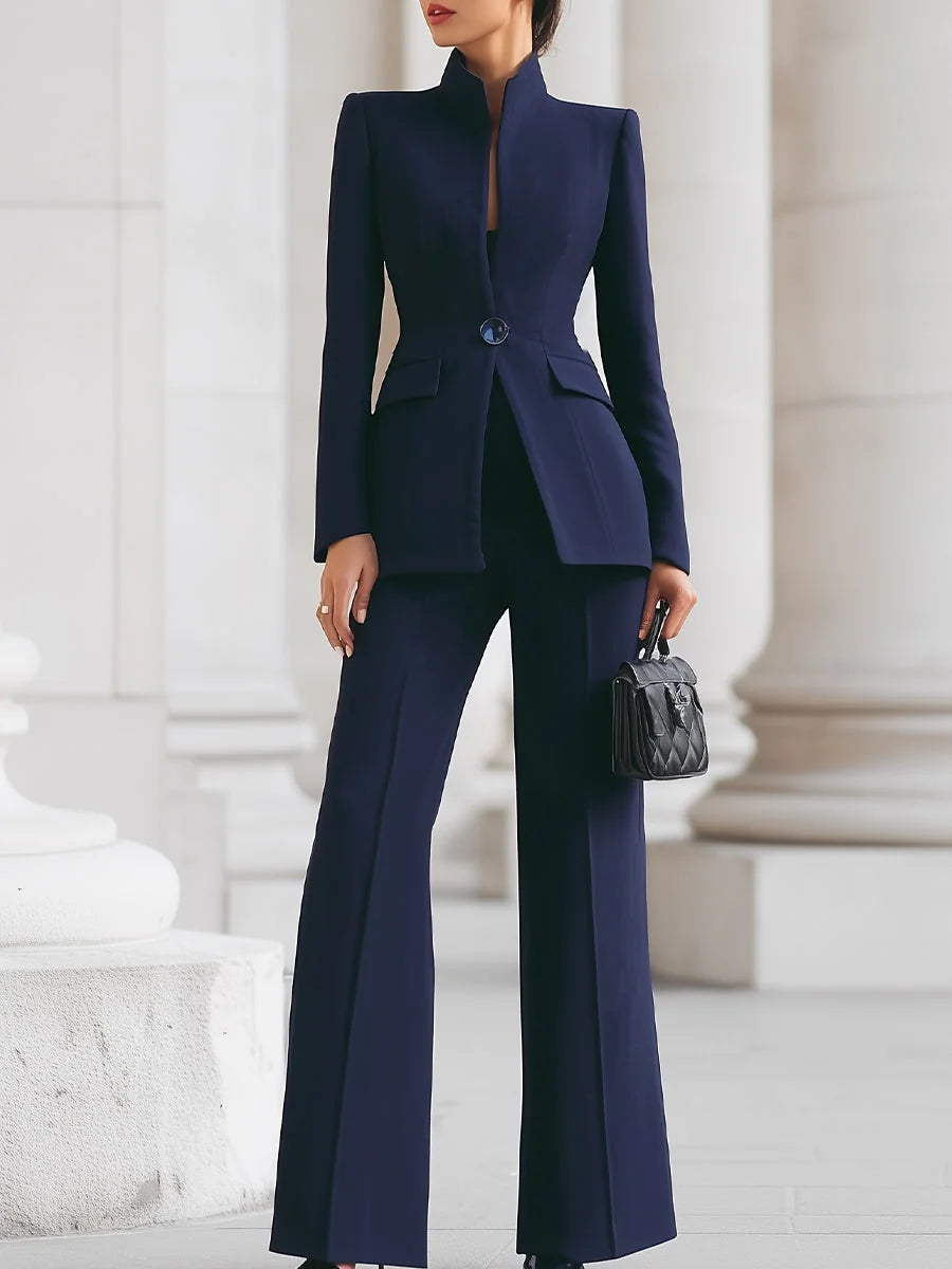 Navy Blue Women's Two Piece High Collar Blazer Wide Leg Pants Suit — Severine Professional Tailored - Front Full