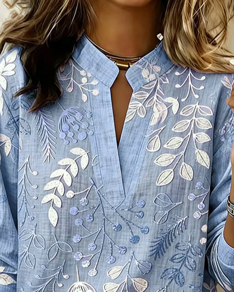 Blue Women's Floral High Neck Blouse — Marlowe Embroidered Long Sleeve - Front Detail