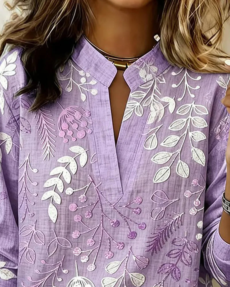Purple Women's Floral High Neck Blouse — Marlowe Embroidered Long Sleeve - Close Up Embroidery