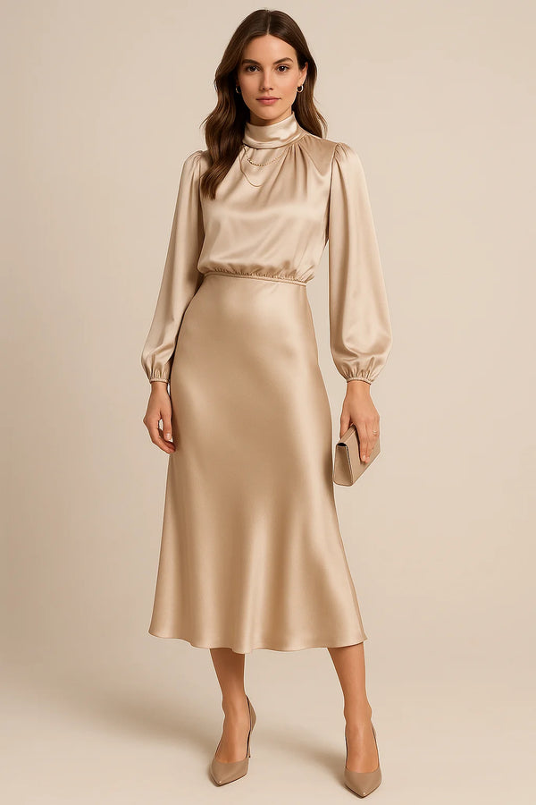 Beige Women's High Neck Midi Dress — Ellie Satin Blouson Elegant - Front Full
