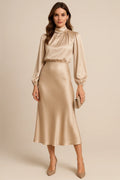Women's High Neck Midi Dress — Ellie Satin Blouson Elegant
