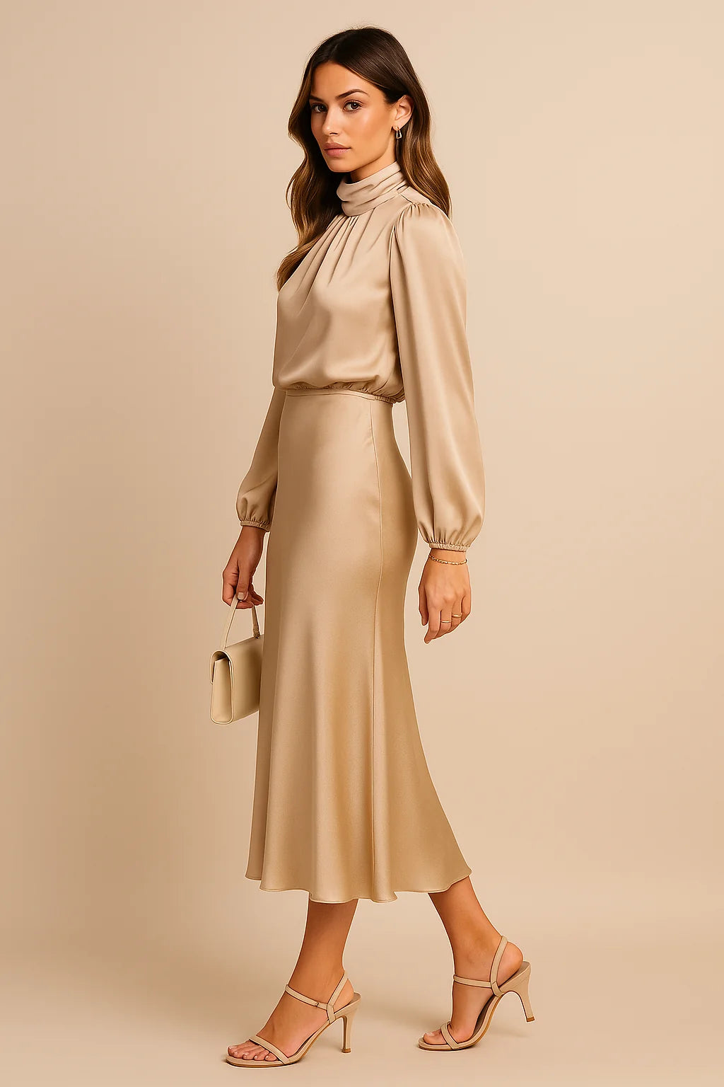 Beige Women's High Neck Midi Dress — Ellie Satin Blouson Elegant - Side Pose
