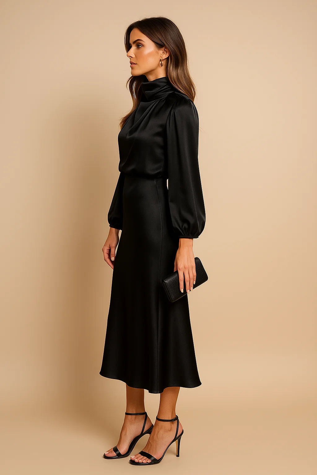 Black Women's High Neck Midi Dress — Ellie Satin Blouson Elegant - Back Detail