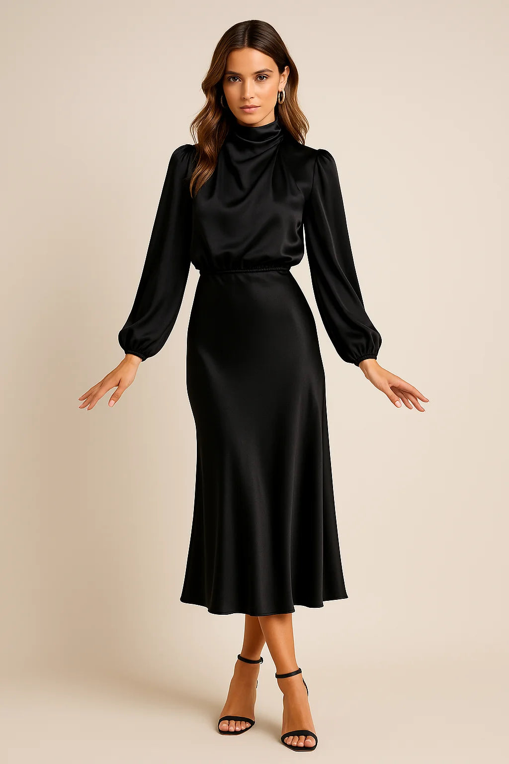 Black Women's High Neck Midi Dress — Ellie Satin Blouson Elegant - Front Full