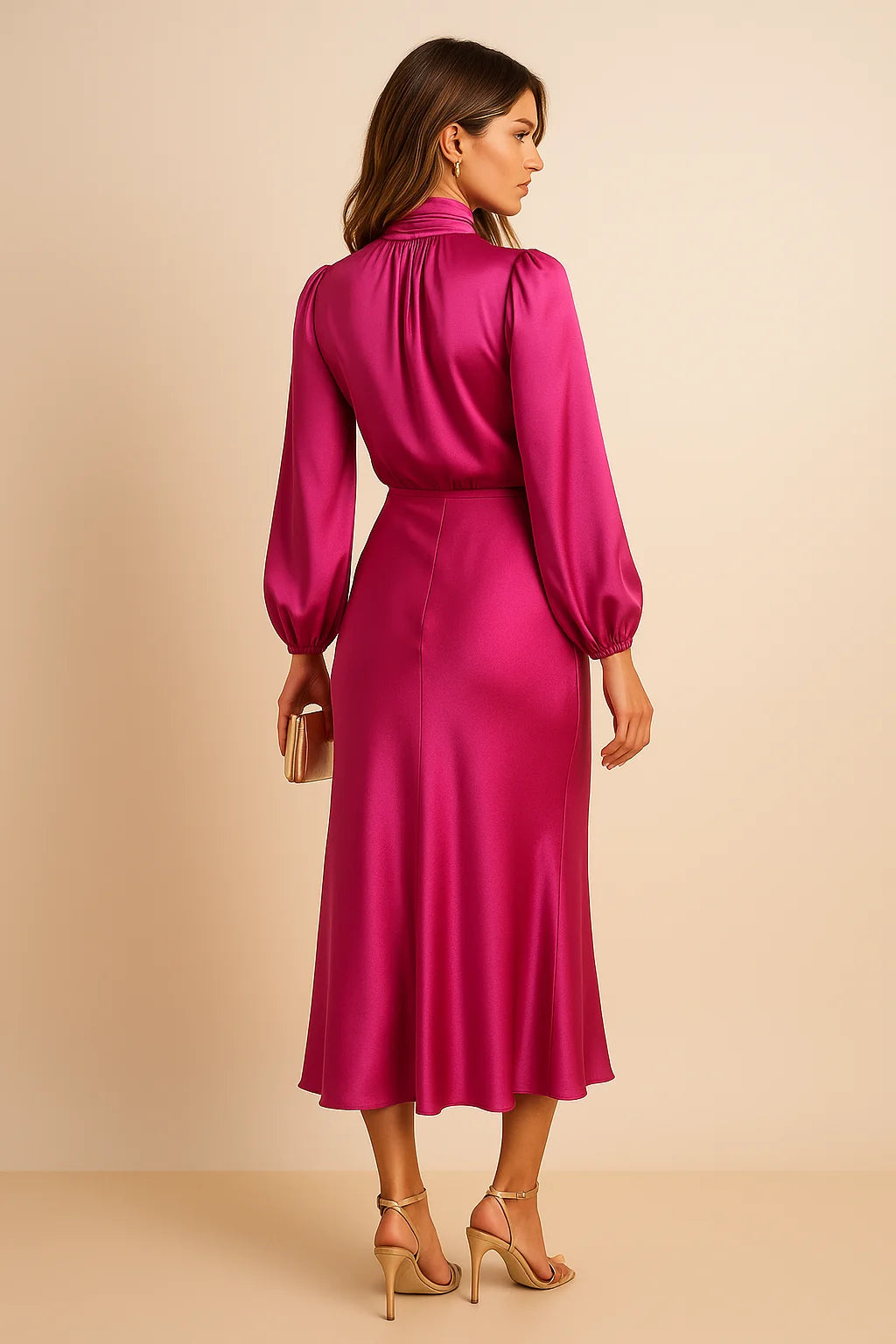 Hot Pink Women's High Neck Midi Dress — Ellie Satin Blouson Elegant - Back Detail