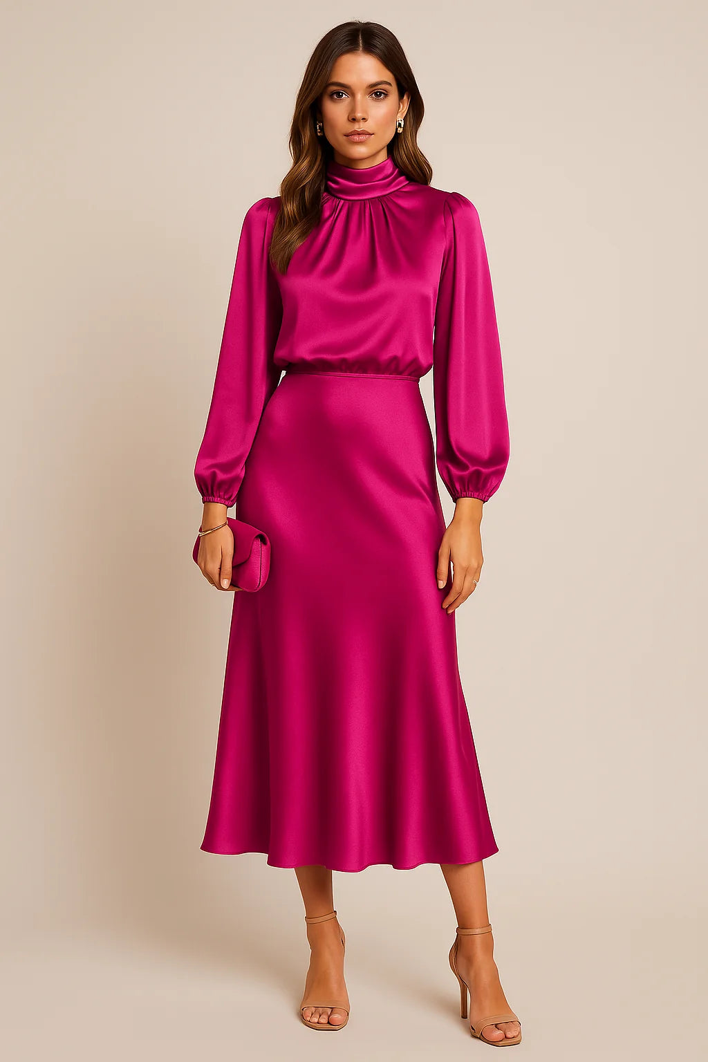 Hot Pink Women's High Neck Midi Dress — Ellie Satin Blouson Elegant - Front Full