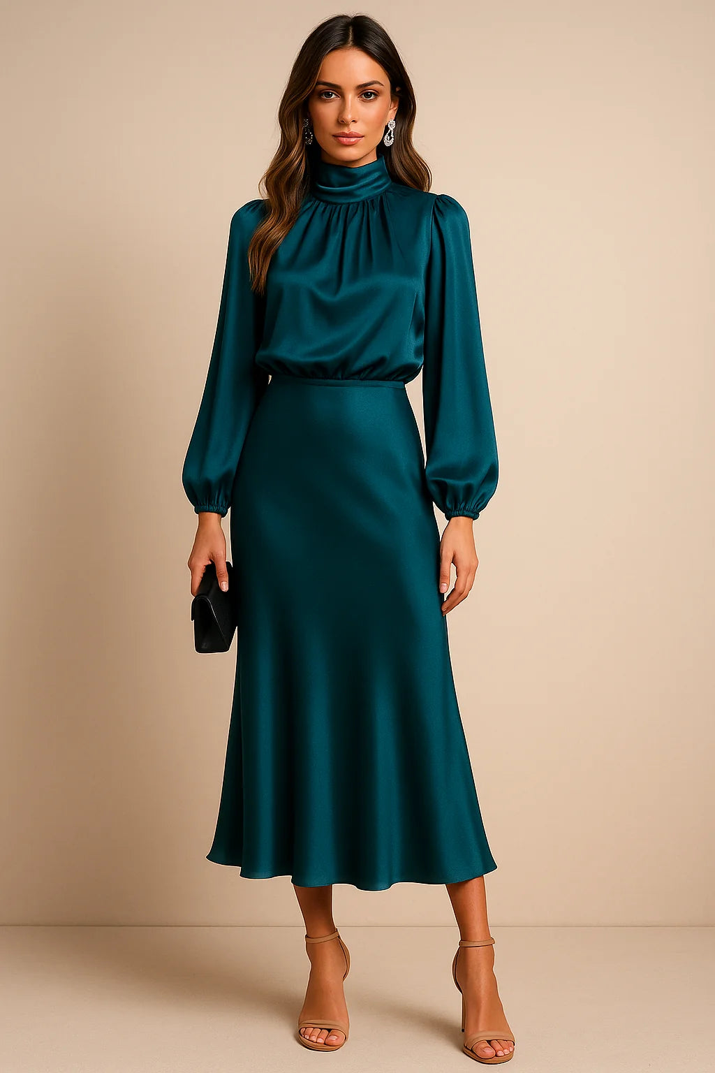 Teal Women's High Neck Midi Dress — Ellie Satin Blouson Elegant - Blue Front Full