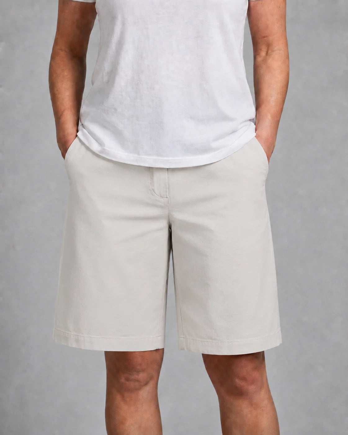 Beige Women's High-Waisted Bermuda Shorts — Wren Straight-Leg Pockets - Front Styled