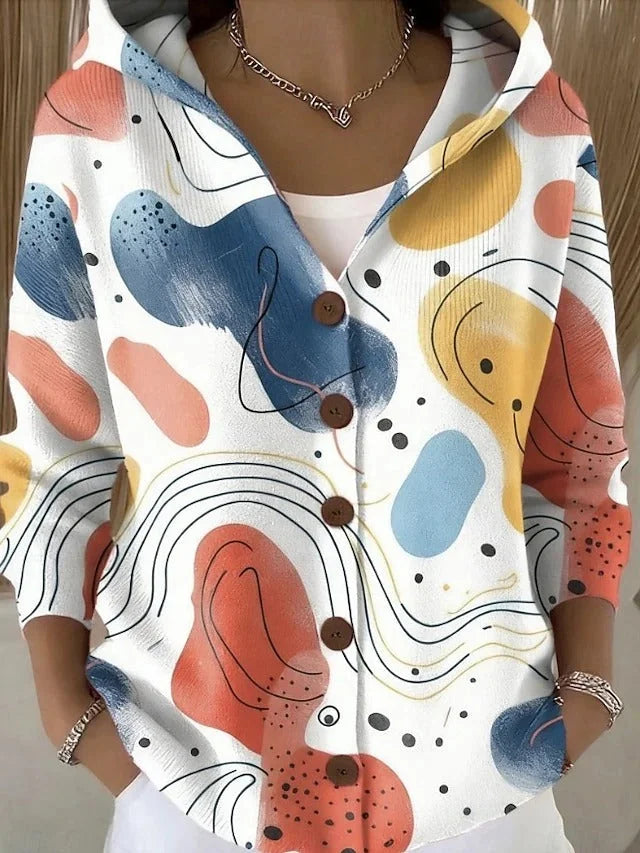 Beige Women's Hooded Button-Front Long Cardigan Sweater — Sofie Printed Cozy - Almost Sold Out Abstract Print Detail