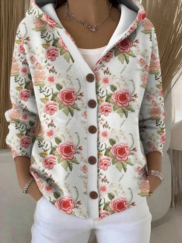 Blushing Women's Hooded Button-Front Long Cardigan Sweater — Sofie Printed Cozy - Pink Almost Sold Out Rose Print Front