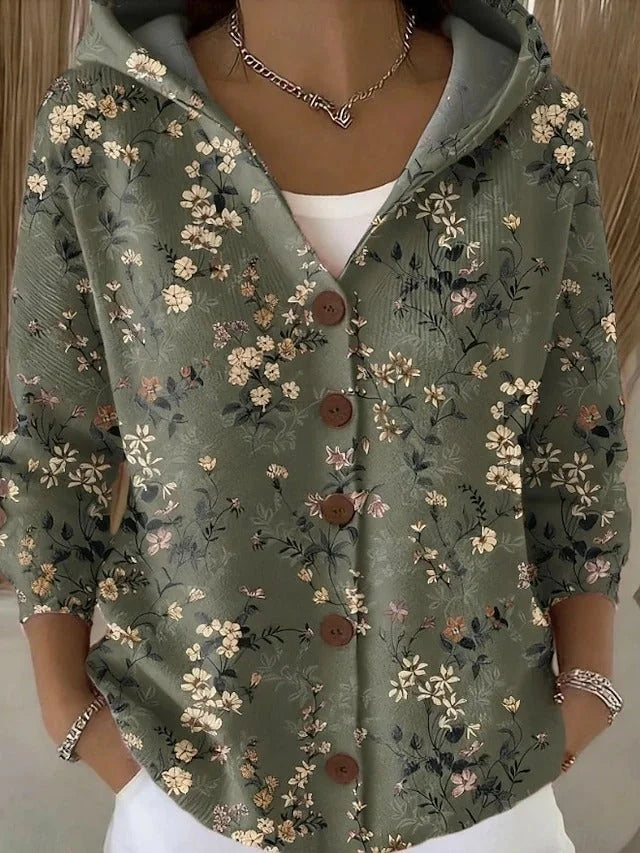 Dark Green Women's Hooded Button-Front Long Cardigan Sweater — Sofie Printed Cozy - Floral Close Up