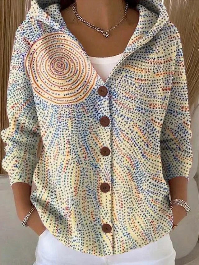 Light Women's Hooded Button-Front Long Cardigan Sweater — Sofie Printed Cozy - Yellow Sunburst Detail