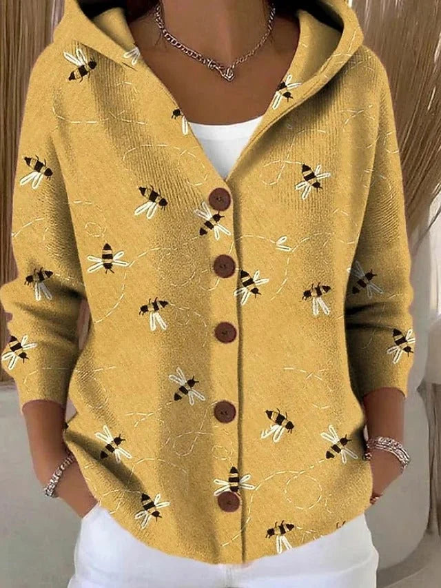 Yellow Women's Hooded Button-Front Long Cardigan Sweater — Sofie Printed Cozy - Front Standing