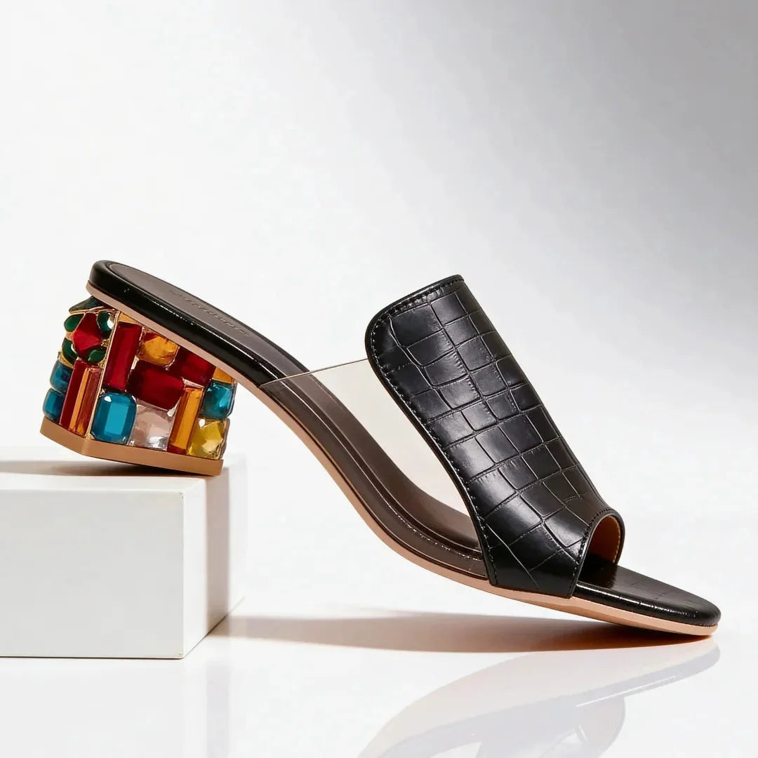 Black Women's Jewel Block Heel Slides — Emily Colorful Square Toe Decorative - Heel Detail