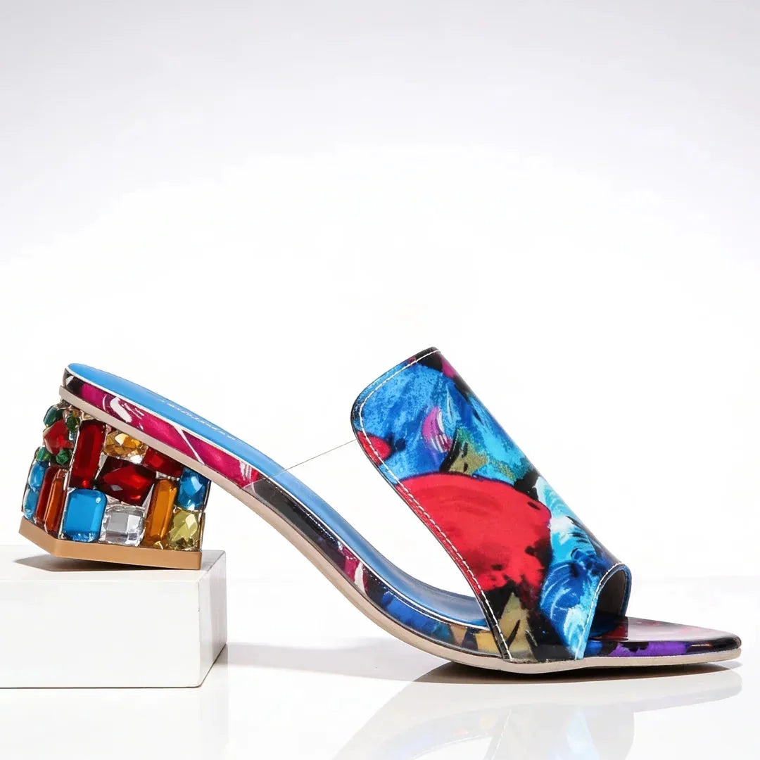 Floral Women's Jewel Block Heel Slides — Emily Colorful Square Toe Decorative - Side Detail
