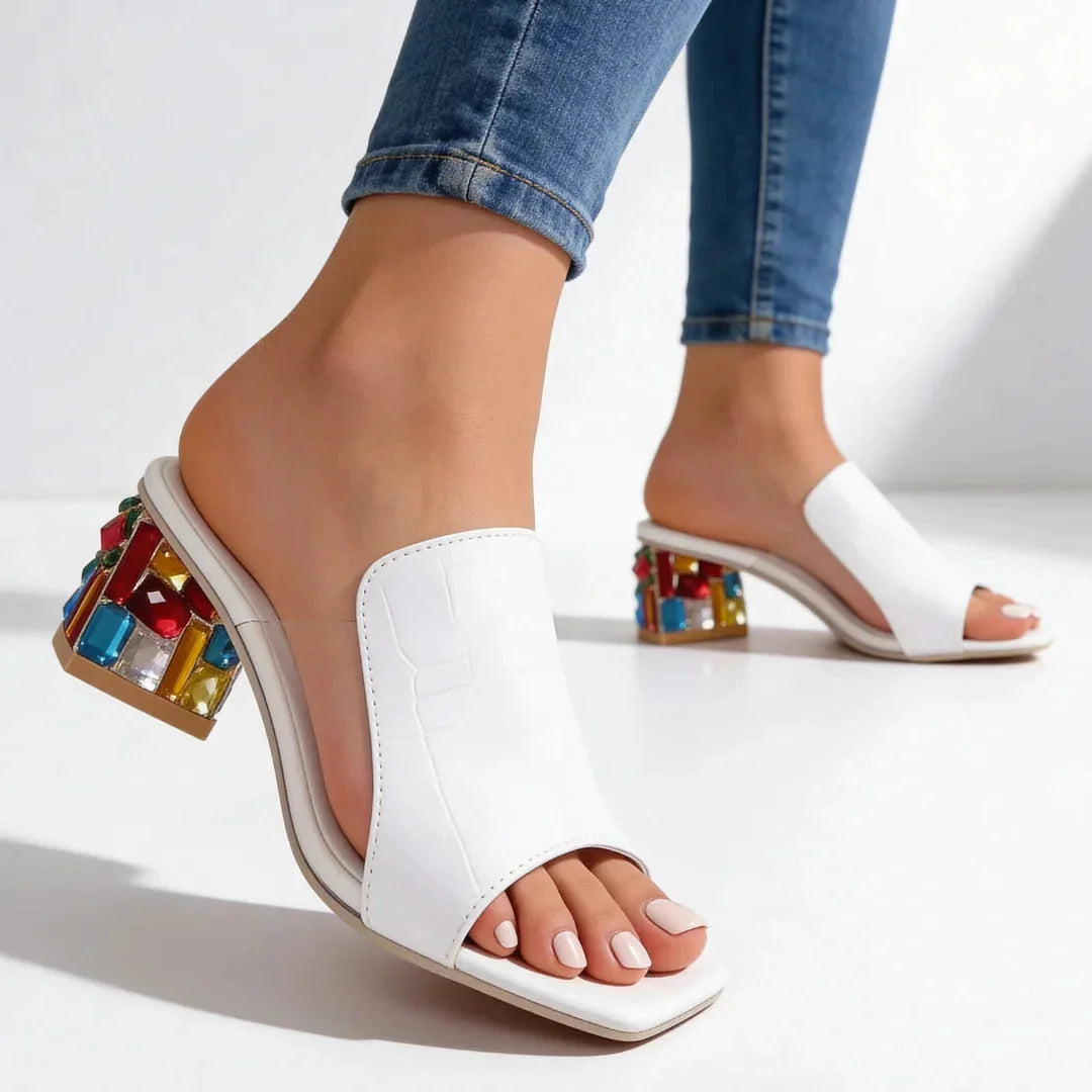 White Women's Jewel Block Heel Slides — Emily Colorful Square Toe Decorative - Side Pose