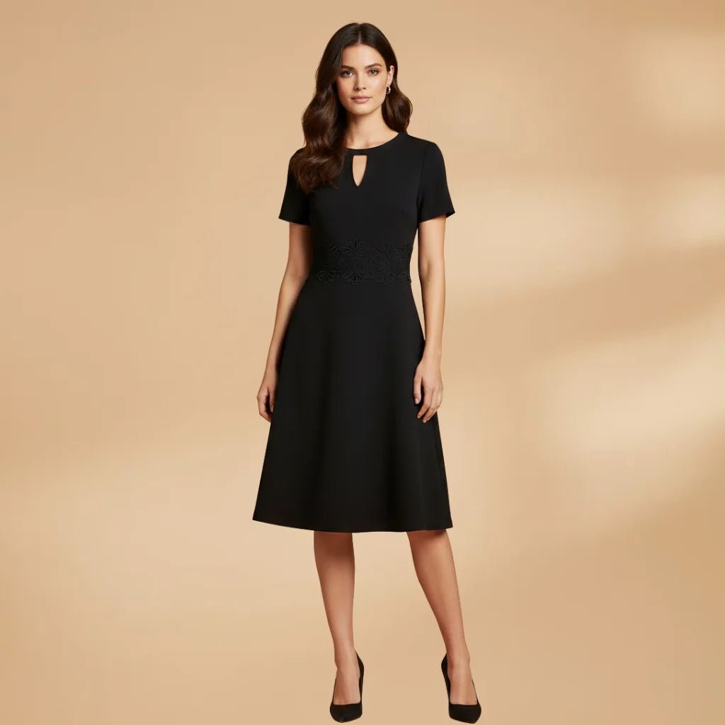 Ruby | Women's Burgundy Lace Keyhole Dress with Short Sleeves - Black - 9