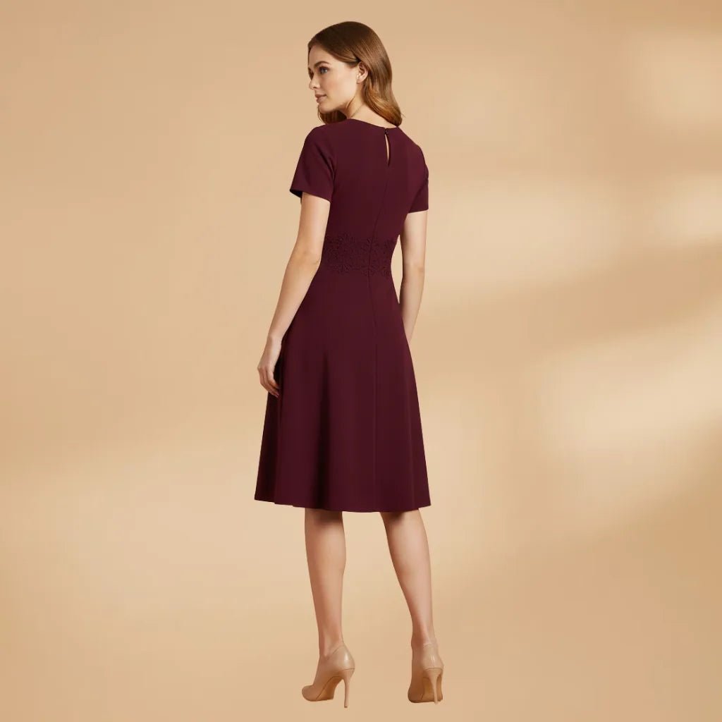 Ruby | Women's Burgundy Lace Keyhole Dress with Short Sleeves - Burgundy - 4