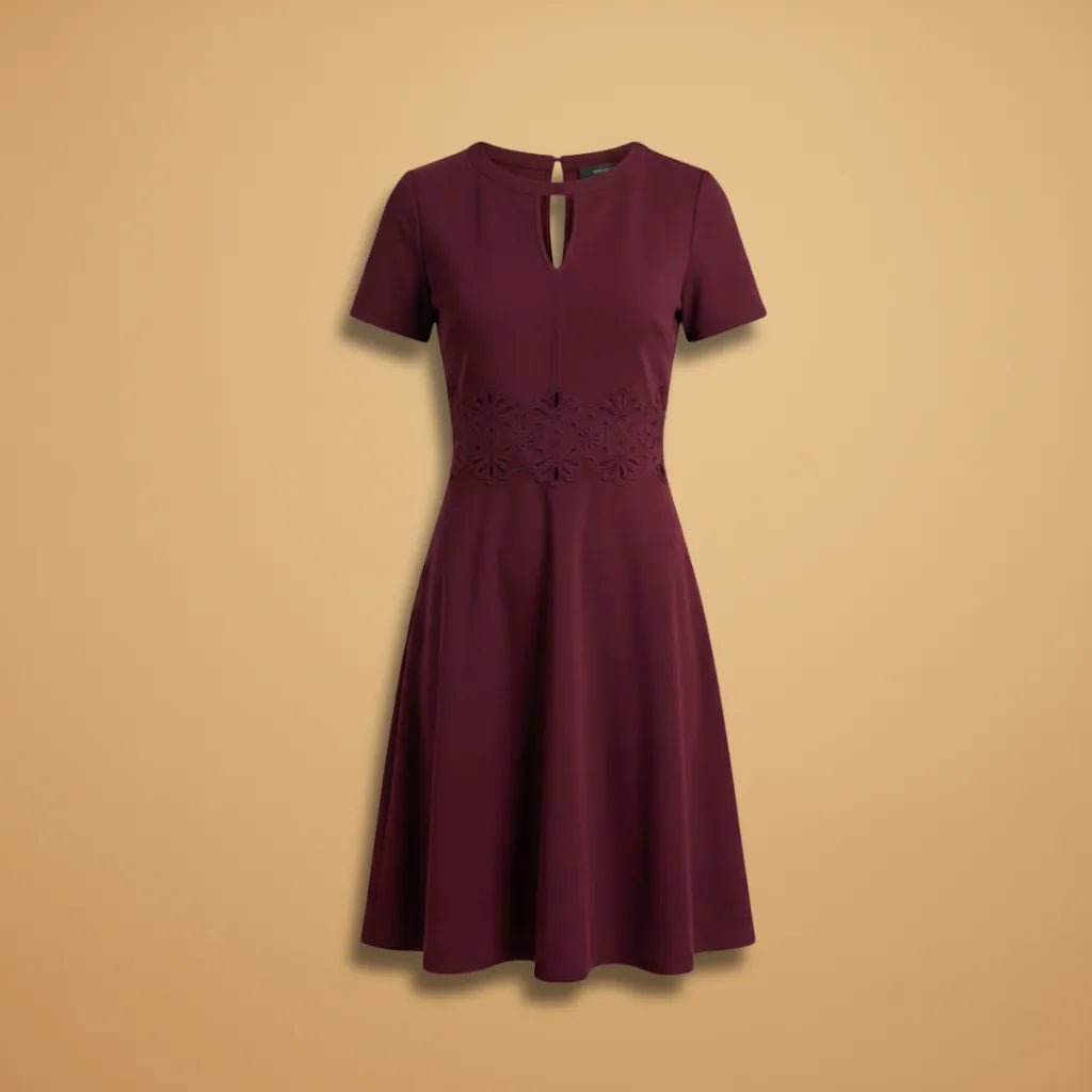 Ruby | Women's Burgundy Lace Keyhole Dress with Short Sleeves - Burgundy - 1